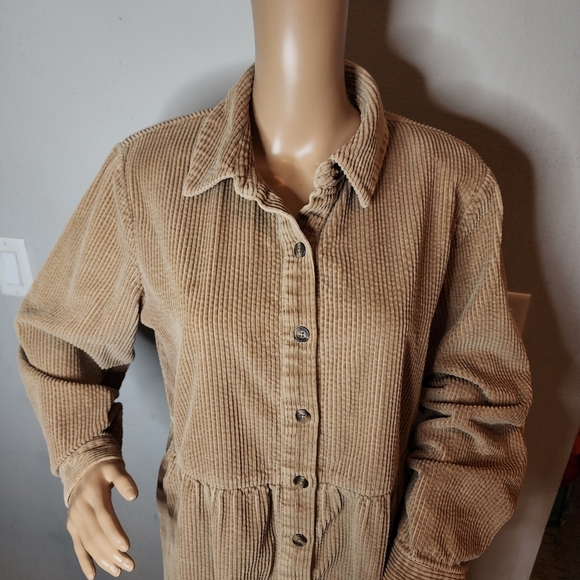 Talbots Corduroy Long Sleeve Tan Button Front Mini Dress Size 14 Pockets - Picture 4 of 16